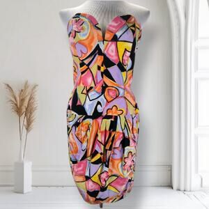 Vintage 90s Silk Strapless Mini Dress Drop Waist Neon Graphic Party Size 6